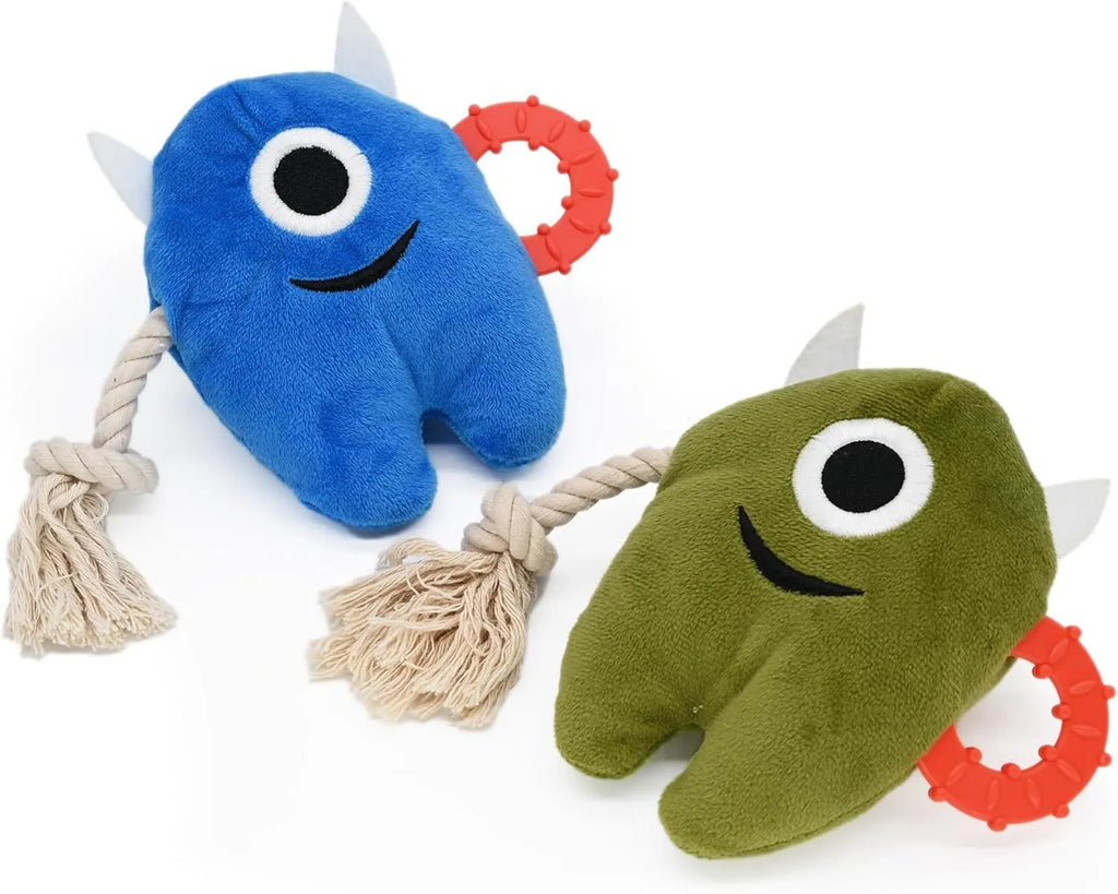 Blue and green monster dog toy with plush body and rope tug handles