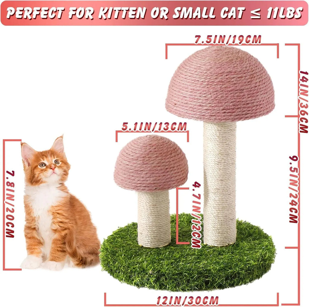 Pink mushroom-shaped cat scratching post with natural sisal covering for small cats