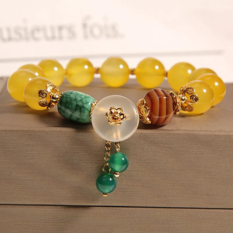 Khaki yellow agate crystal bracelet for women with gold silk threading