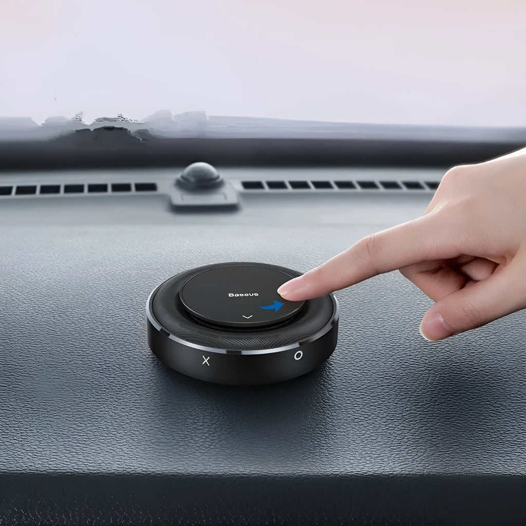 Black, red, and silver round aluminium alloy car fragrance seat with aromatherapy tablets.