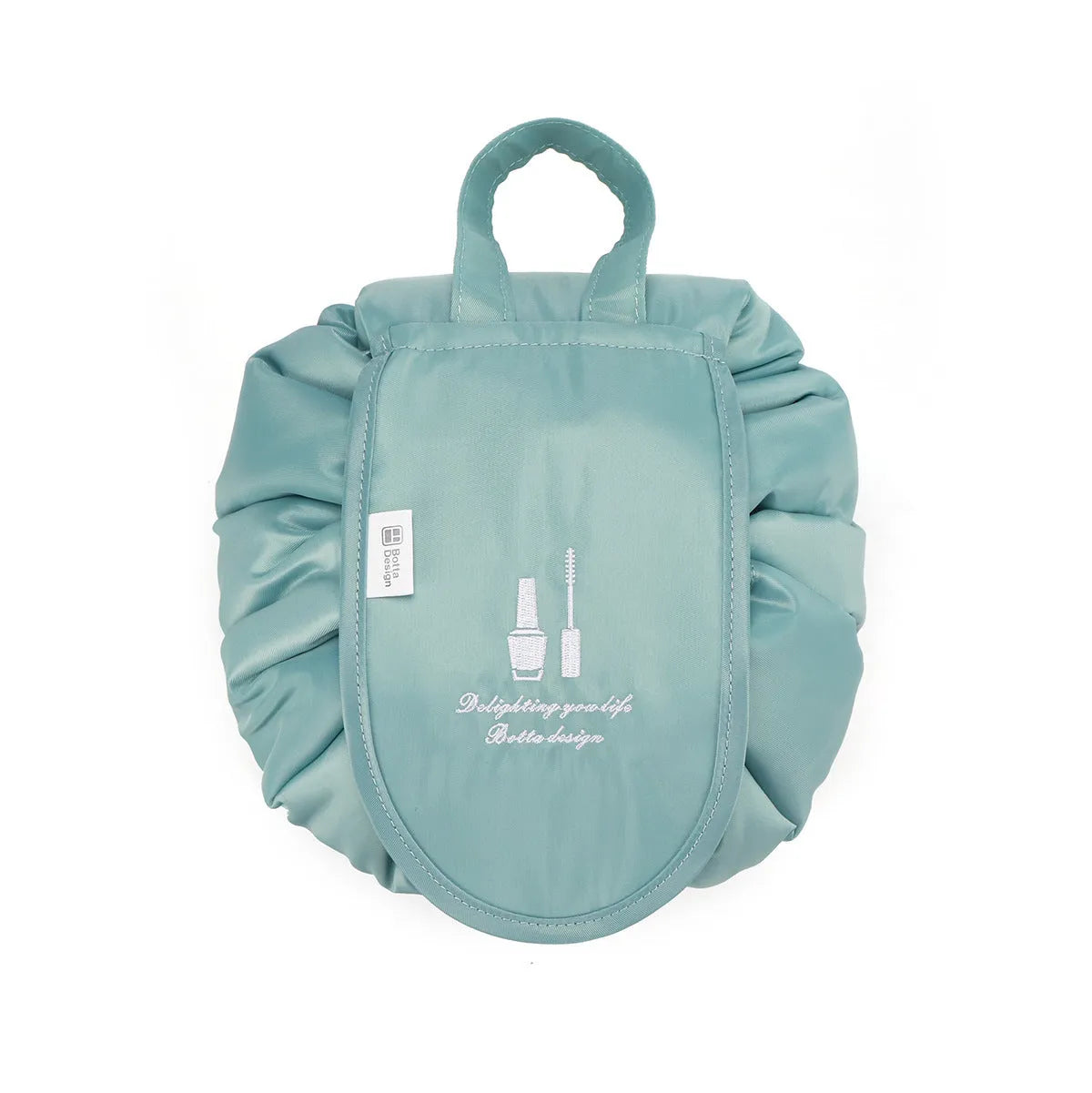 Large waterproof polyester drawstring makeup bag in cube shape for travel storage of cosmetics and toiletries