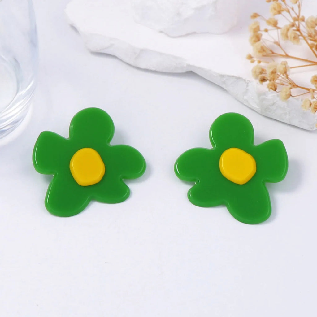Acrylic cartoon flower earrings for women in red, black, green, blue, white, pink, and yellow, 1 pair