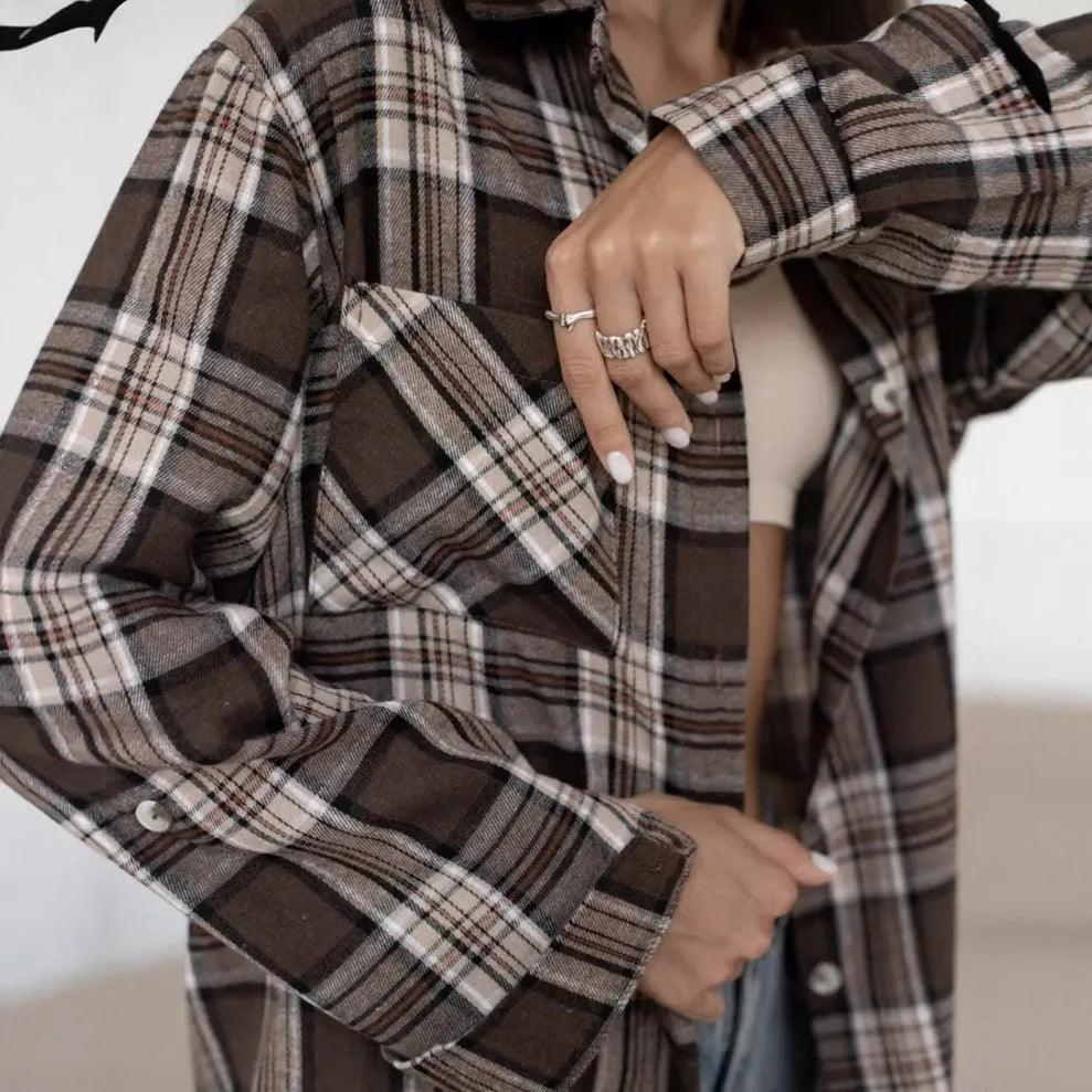 Dark brown striped women's retro style long sleeve shirt with cotton blend fabric.