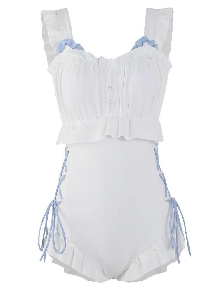 Milky White backless one-piece swimsuit for women on a mannequin