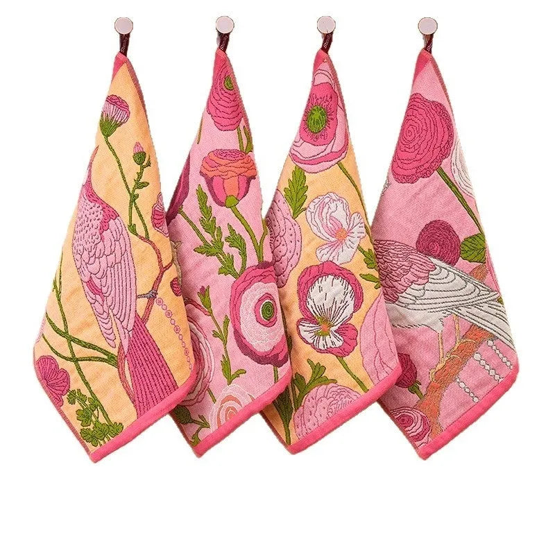 Class A pure cotton gauze square towel 40x34cm in printed Pink Phoenix, Peony, Smoke Bird, and White Pigeon designs