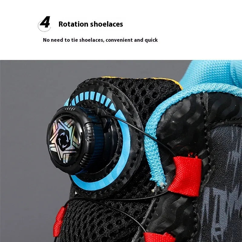Boys' black basketball shoes with a rotating button closure and a white PU sole.
