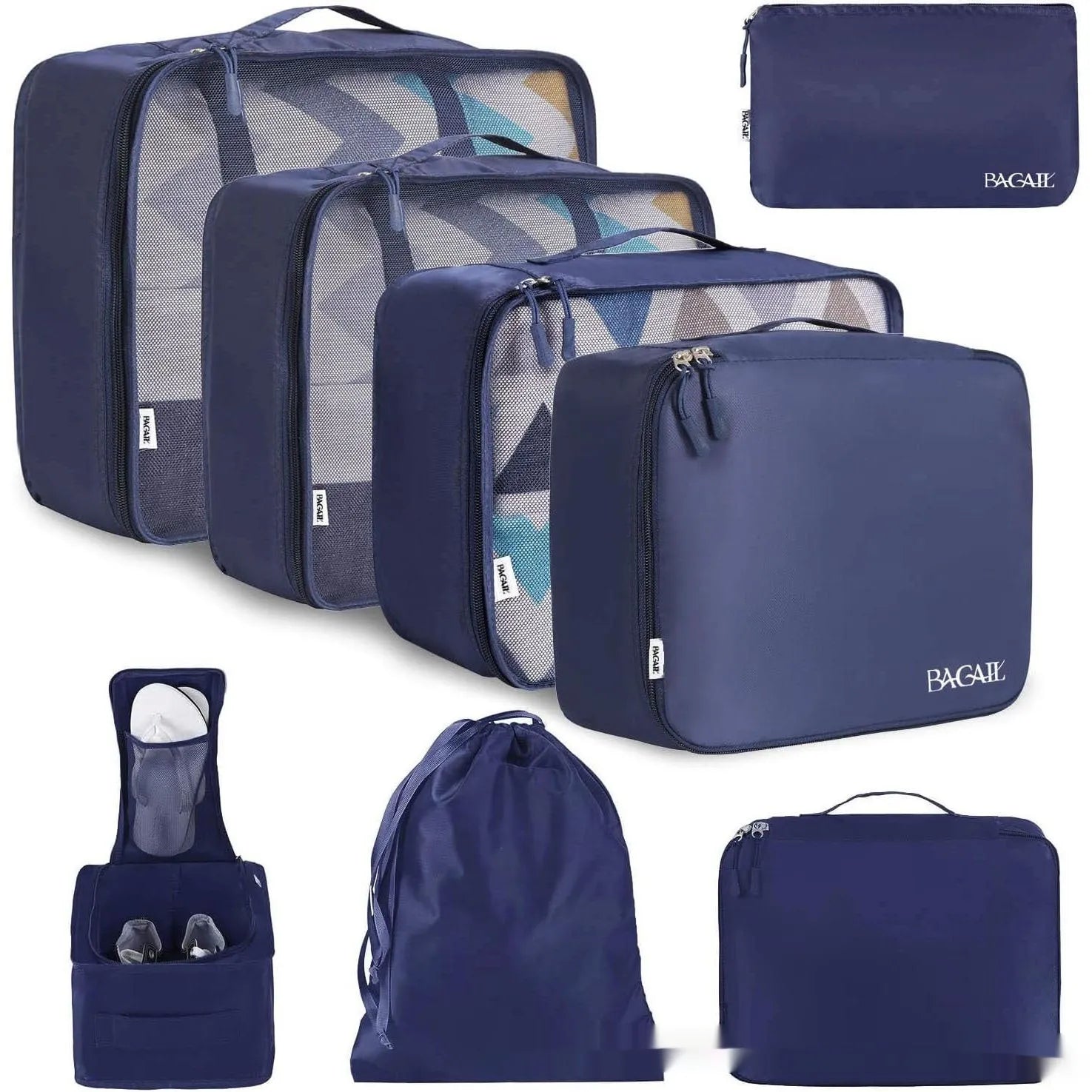 Set of eight cubic packing cubes for travel organisation in various colours including beige, black, and pink leopard print.