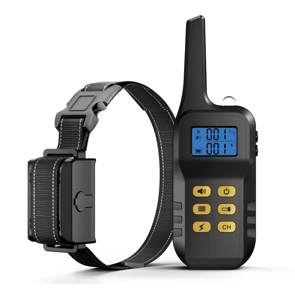 Yellow ABS automatic bark stopper collar for dog training on white background
