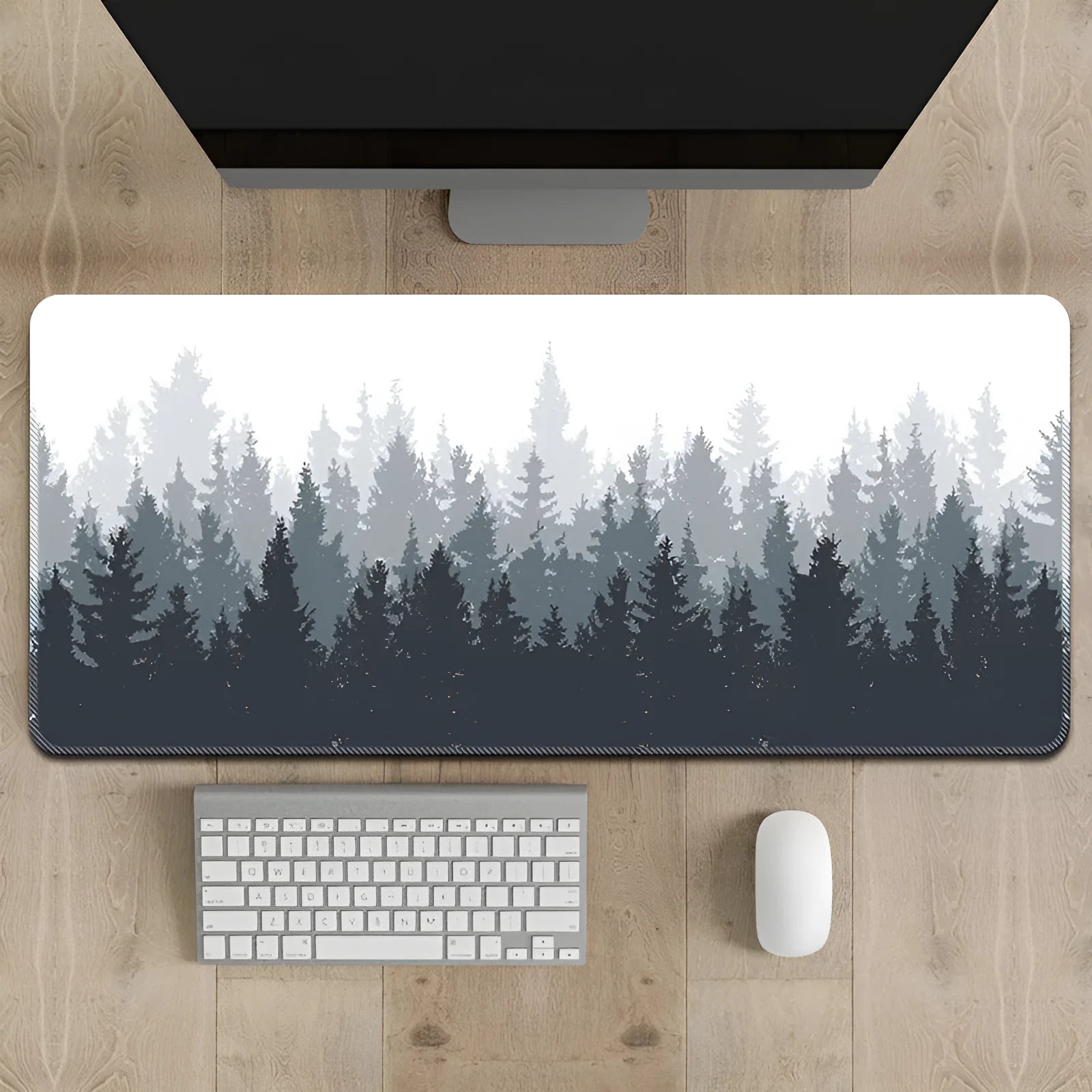 Chinese ink painting landscape design on a black non-slip rubber desk mat or mouse pad.