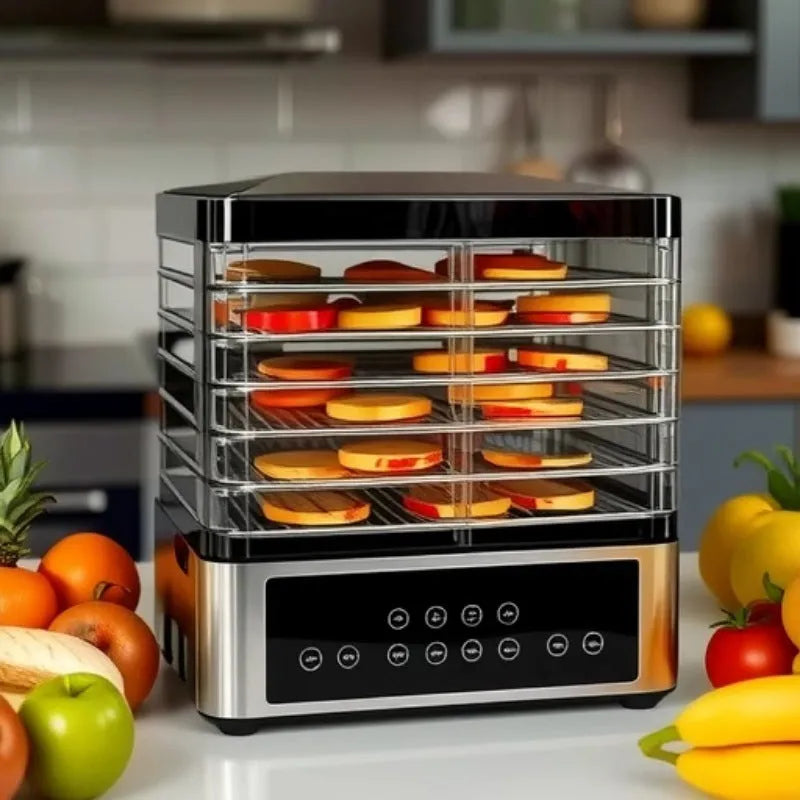 Silver stainless steel fruit dehydrator with 14L capacity on kitchen counter