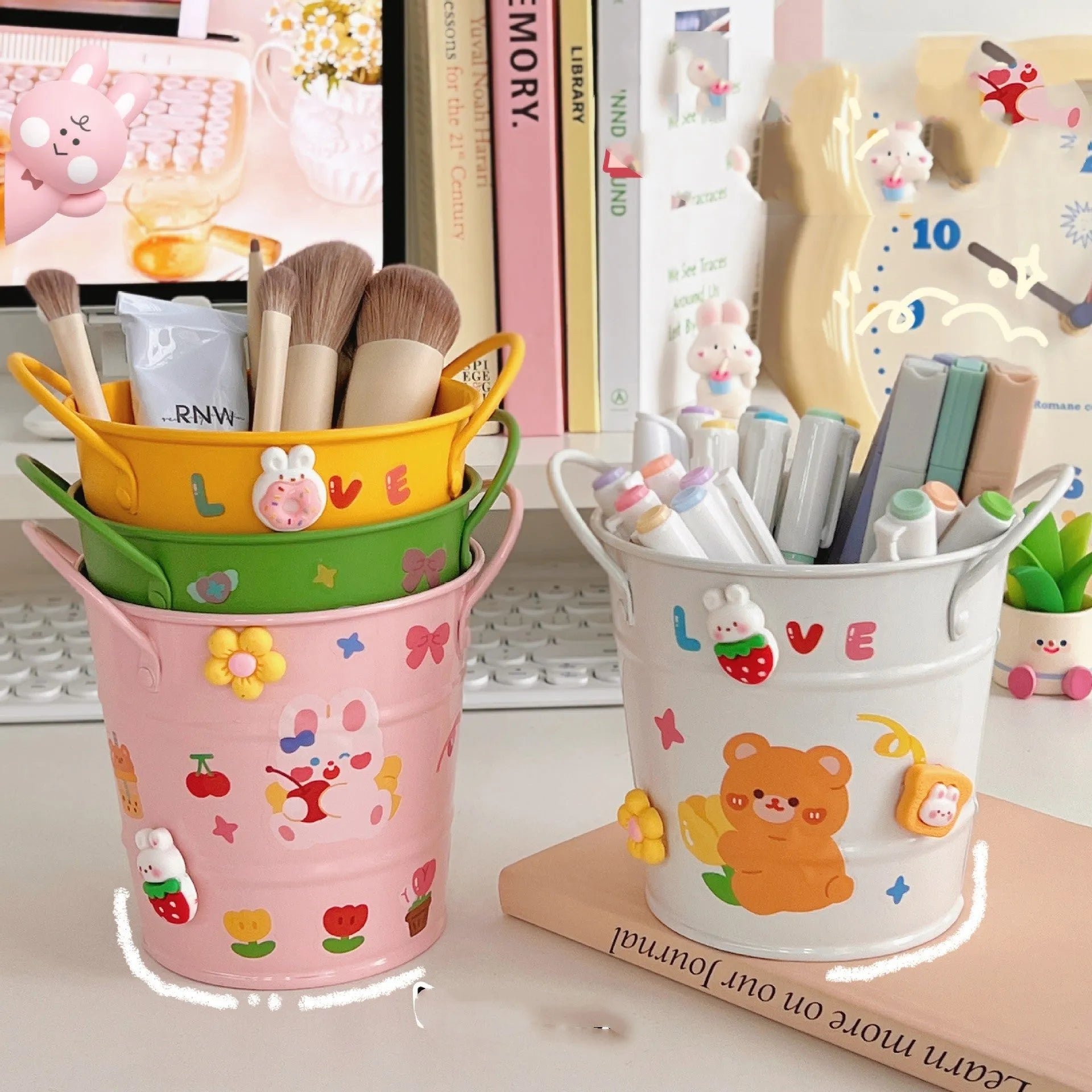 Round metal desktop pen holder in a choice of colours including green, pink, red, white, and yellow.