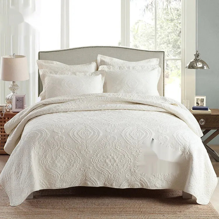 Pure cotton double-sided bed cover three-piece set with embroidery detail for standard bed sizes