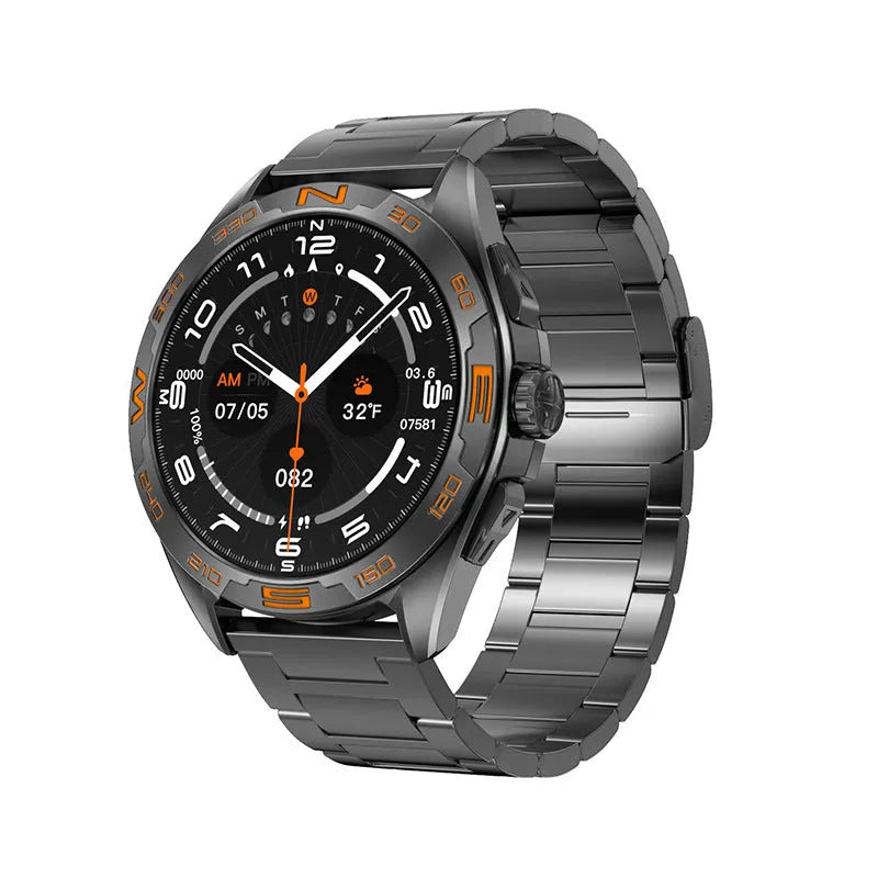 Men's smart watch showing display with WhatsApp notification, heart rate graph, and blood pressure reading.