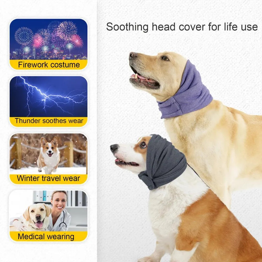 Polyester dog calming hoodie head wrap in black or purple colours with size options for noise reduction and hair management