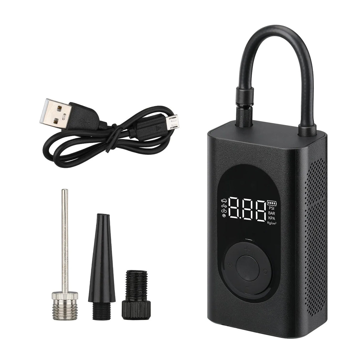 Mini wireless handheld tire inflator with ABS PC body, power bank and flashlight, 198 x 75 x 52 mm