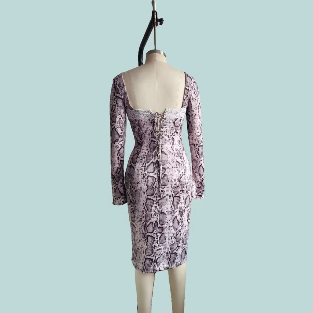 Grey slim fit lace dress with 3D printed pattern and A-line skirt