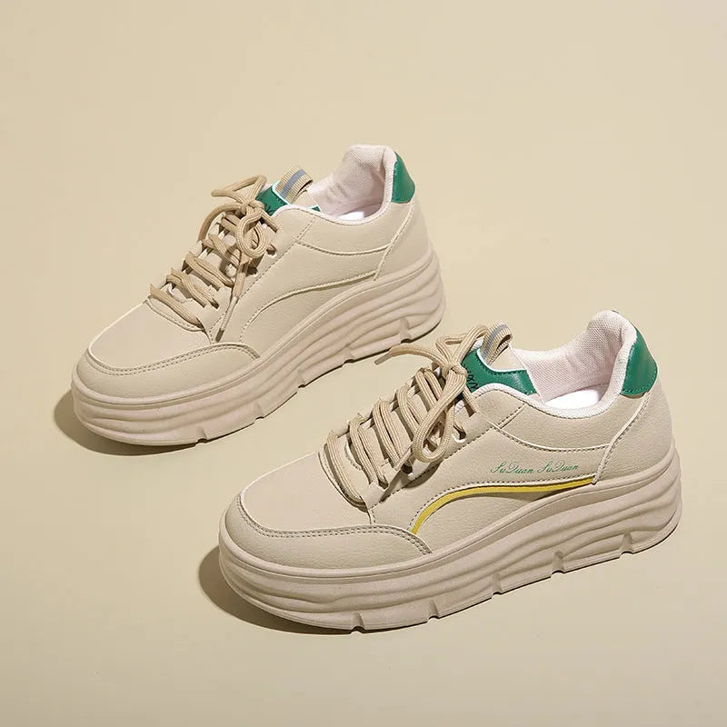 Thick bottom height increasing casual shoes in white or khaki with 3-5cm mid heel, synthetic leather upper, and rubber sole.