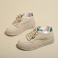 Thick bottom height increasing casual shoes in white or khaki with 3-5cm mid heel, synthetic leather upper, and rubber sole.