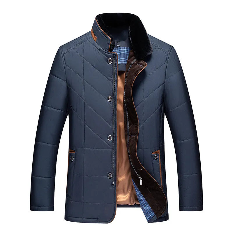 Men's dark blue winter short padded coat with side pockets on a solid background.