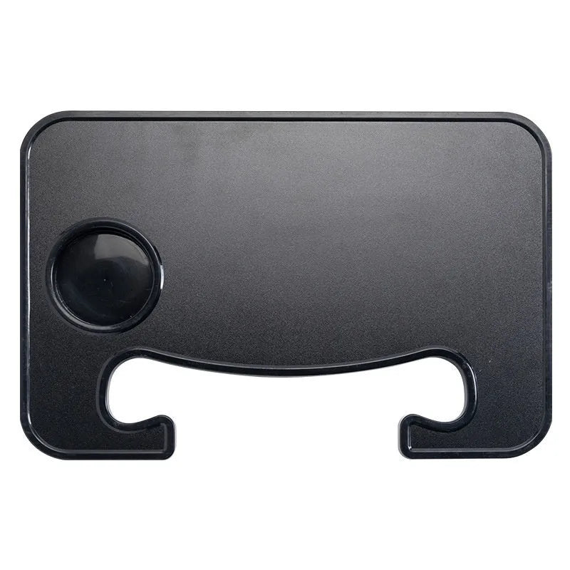 Black ABS car steering wheel laptop stand with foldable drink holder mounted in vehicle