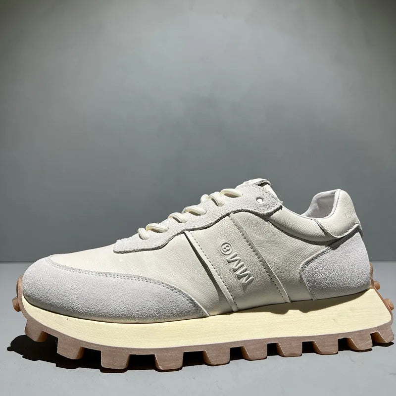 Men's black colour block lace-up sports shoes with head layer cowhide upper and thick rubber sole