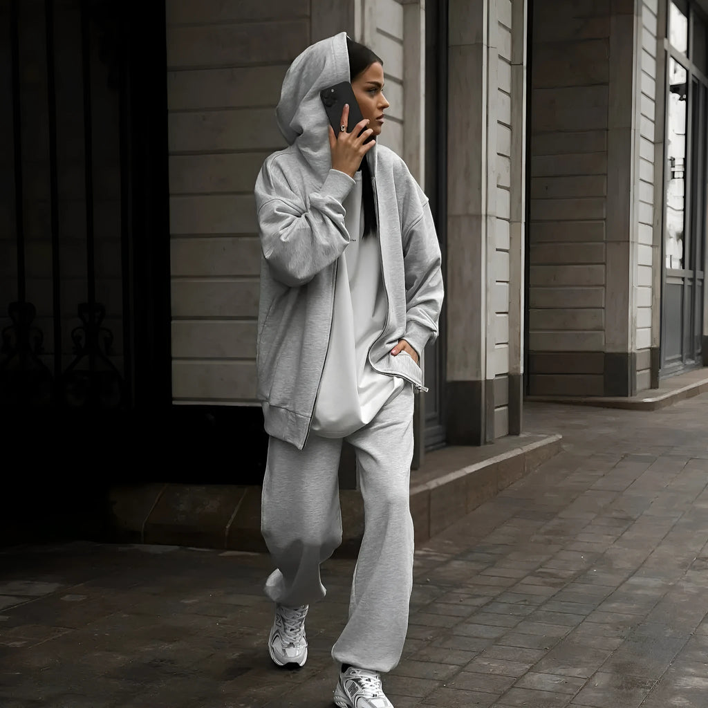Street style long-sleeved coat and trousers two-piece set in grey colour