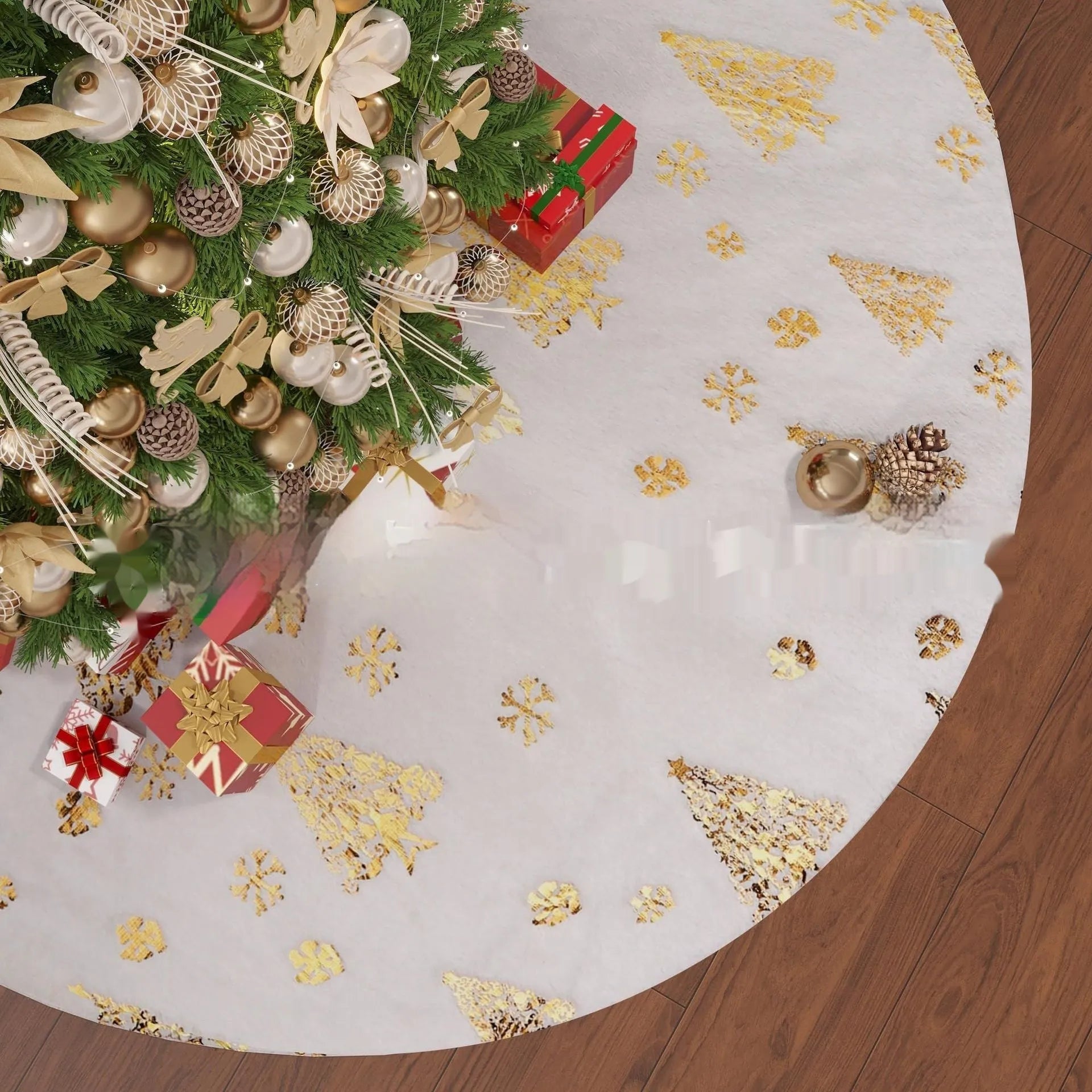 Plush Christmas tree decorative floor mat in red and green on a wooden floor