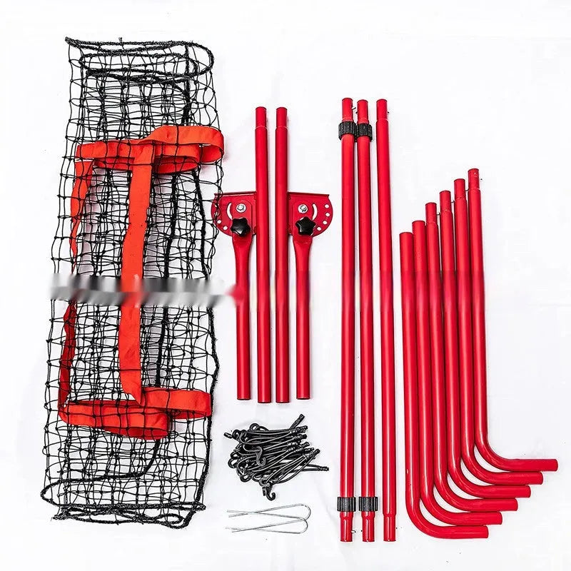 Red adjustable portable baseball training net with metal frame, shown folded to 95x16x14.5cm.