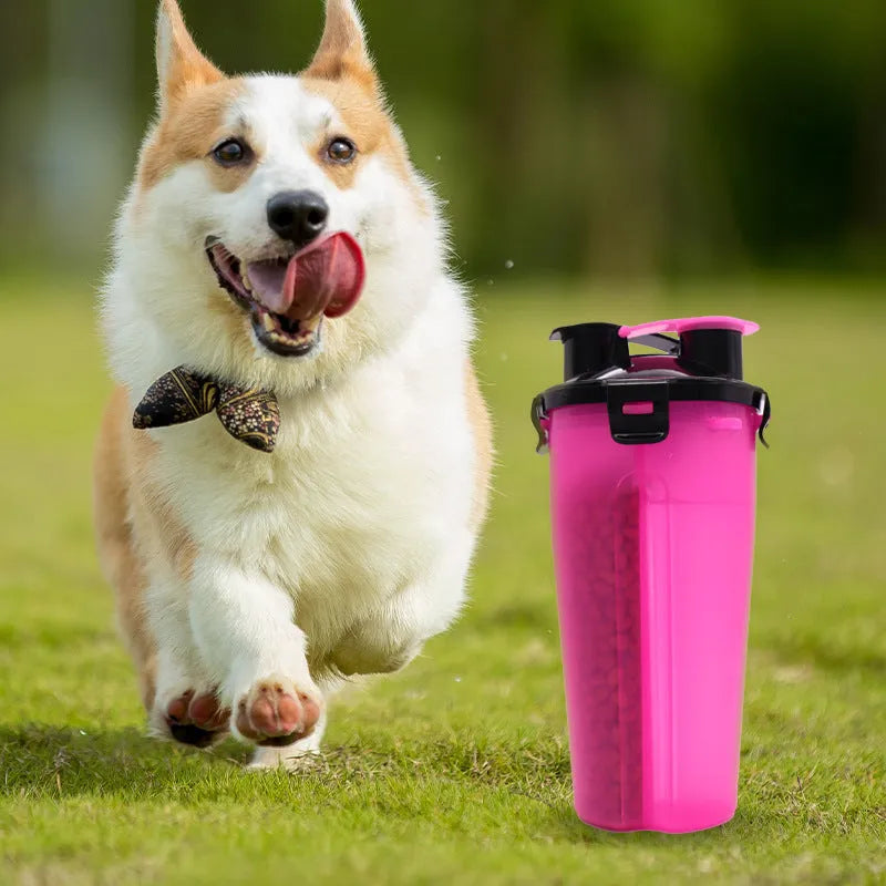 Portable 2-in-1 pet water and food cup showing water reservoir and food compartment