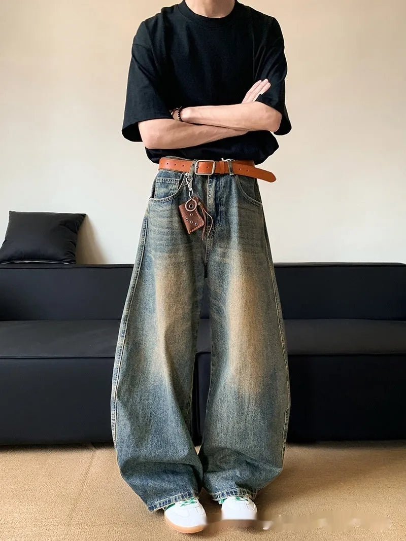 Men's retro blue distressed denim wide-leg trousers with micro elastic cotton blend fabric