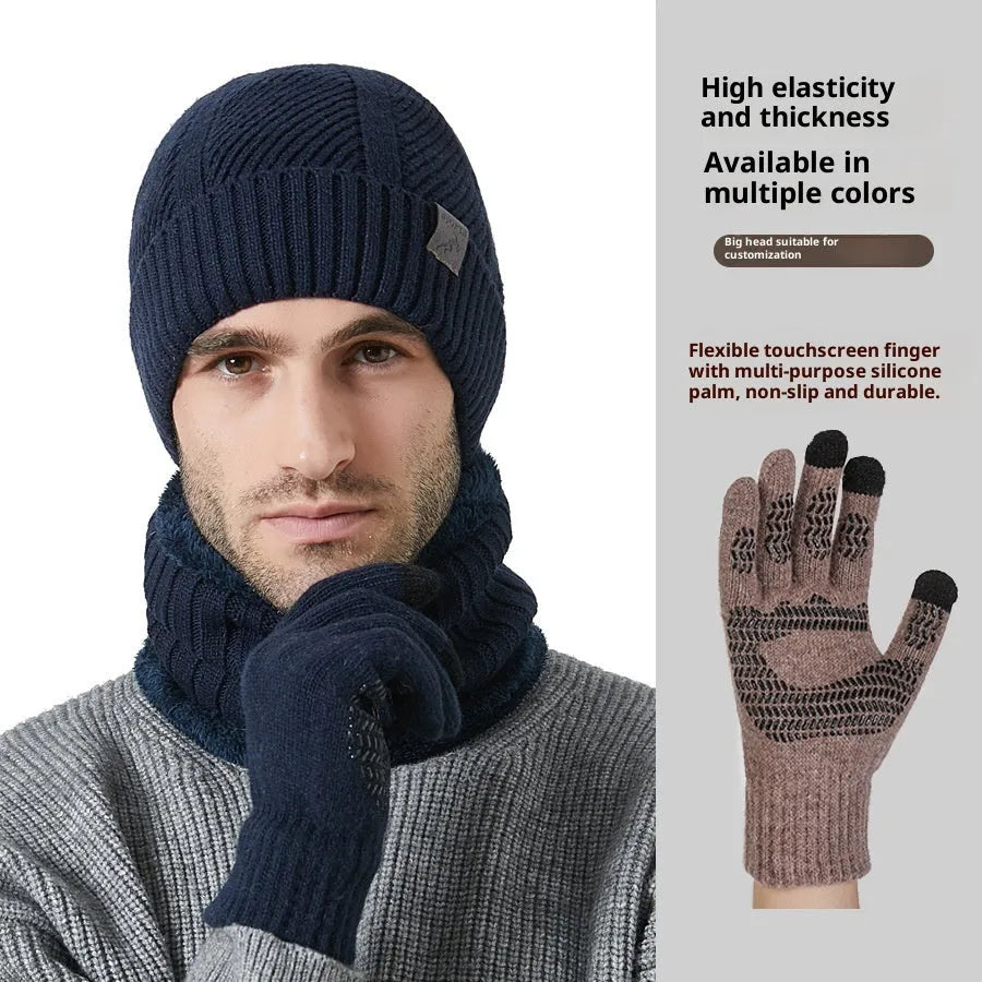 Winter men's wool knit hat scarf gloves three-piece set in gray casual style