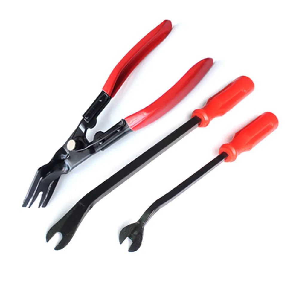Red-handled steel clip driver pliers for General Motors automotive door panel nailing.