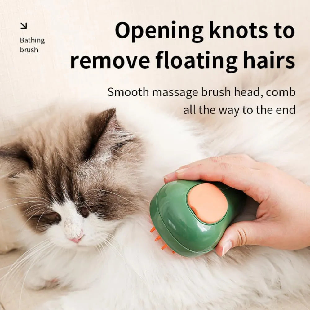 Green and white rechargeable 3-in-1 cat steam brush with silicone teeth and water spray.