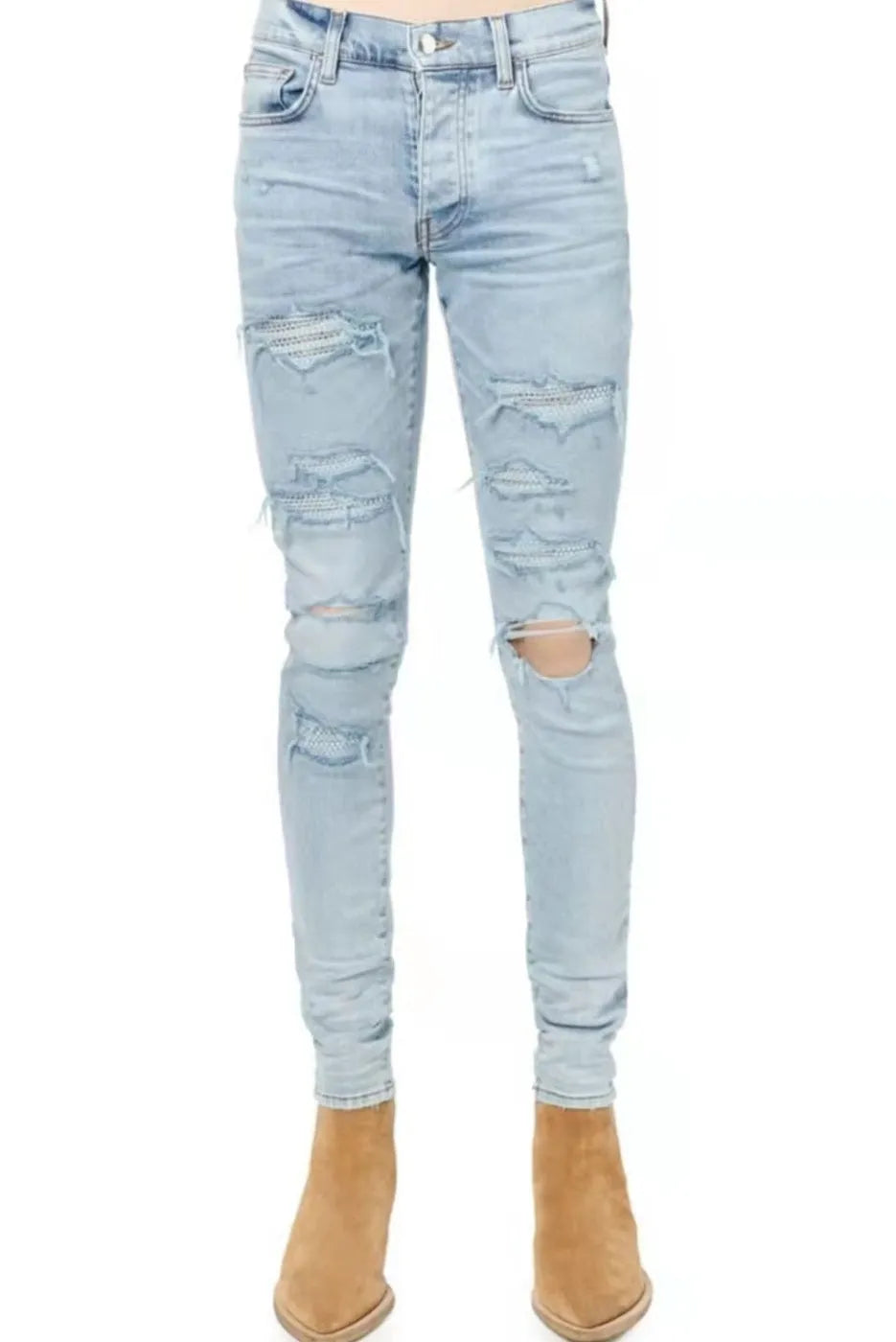 Light blue elastic tight fit jeans for men with patchwork and cat whisker finish