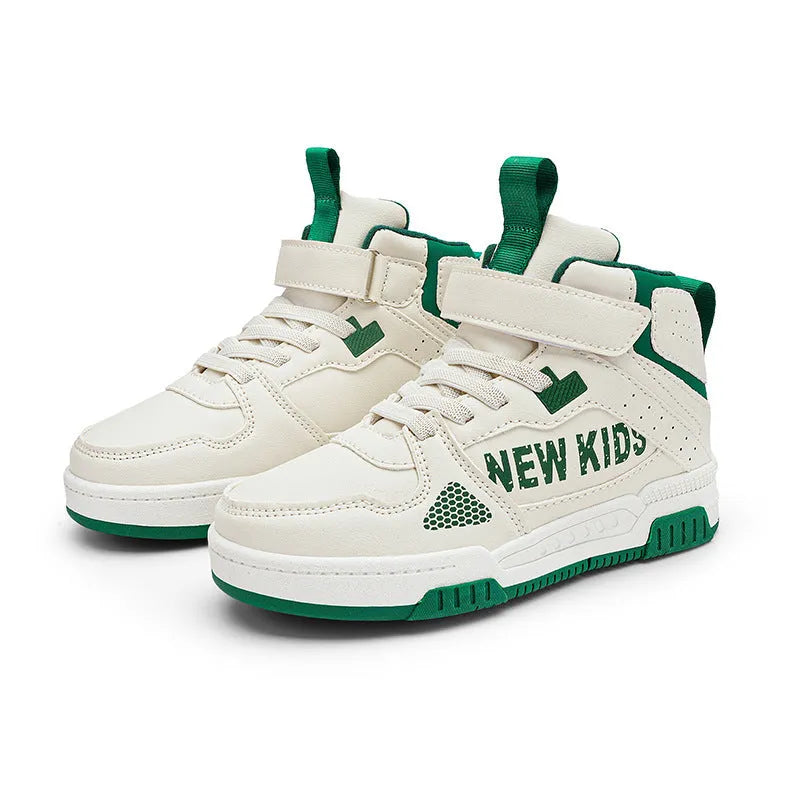 Children's buckle-fastened street sneakers in neutral colours with PU upper and rubber sole.
