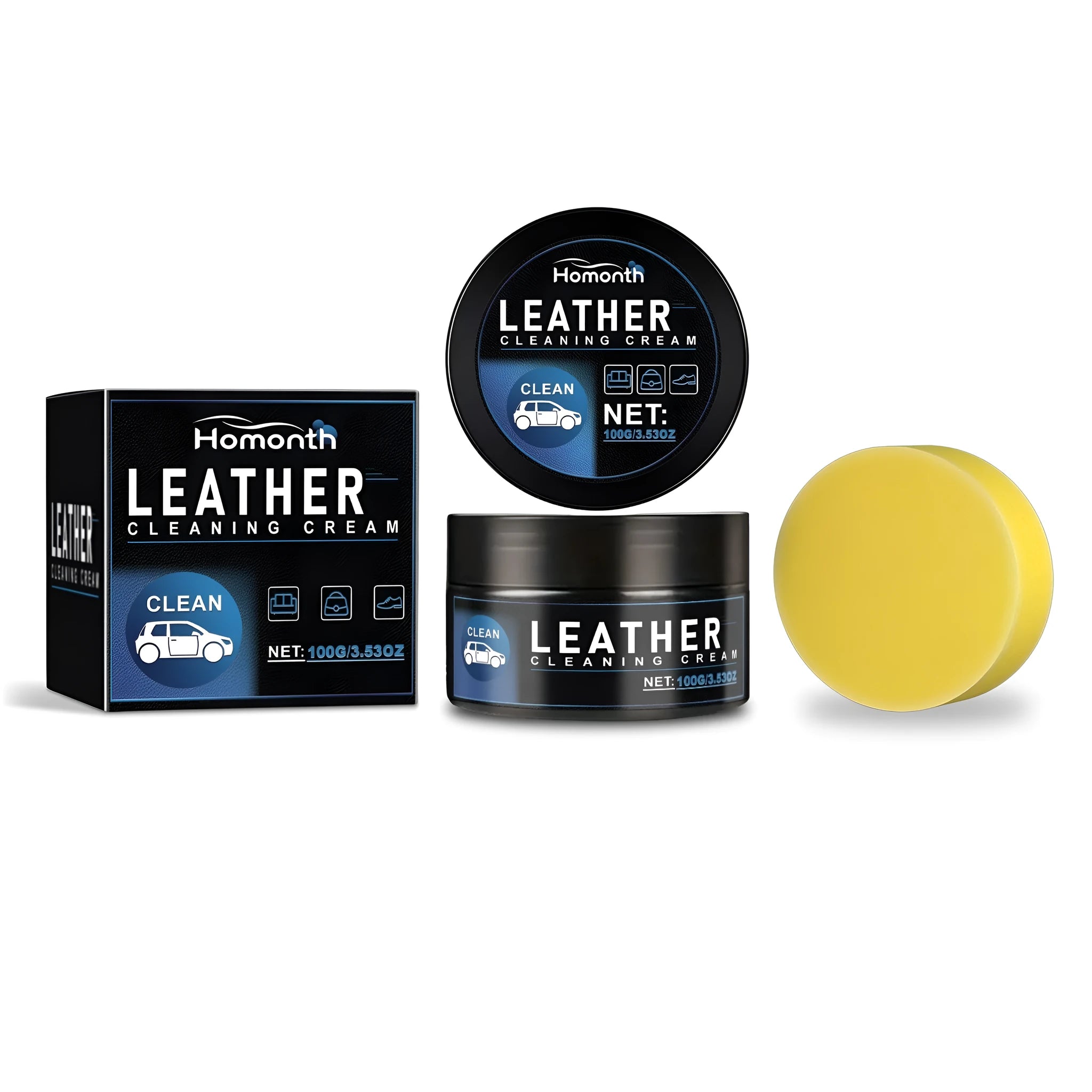 HOMONTH 100g car leather care cream with a sponge and a compact bottle for automotive interior restoration
