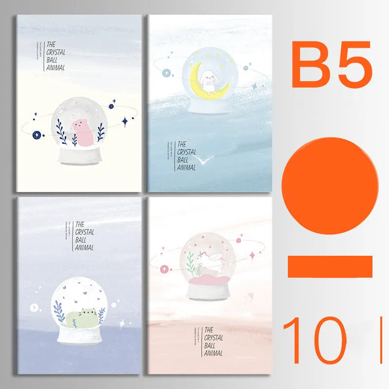 Pack of 10 A5 and B5 soft cover kraft paper notebooks with various designs, showing thread binding.