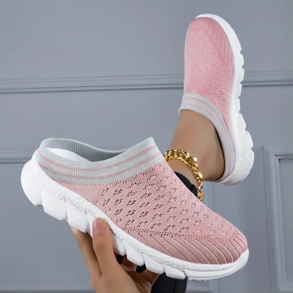 Women's striped Flyknit slipper shoes in sport style with hollow-out design and height increasing soles