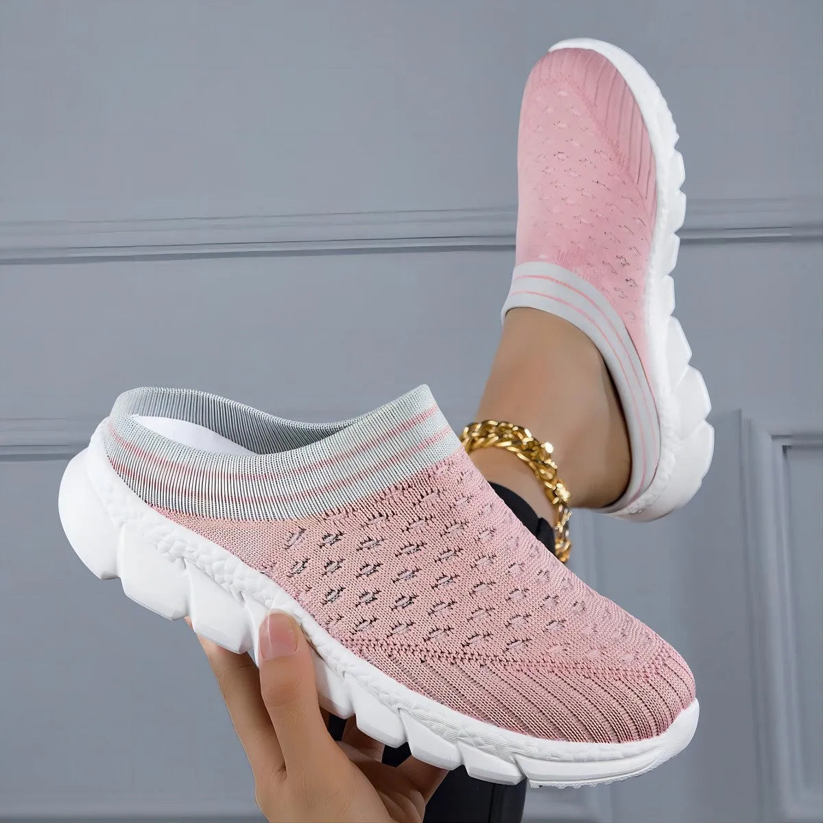Women's striped Flyknit slipper shoes in sport style with hollow-out design and height increasing soles