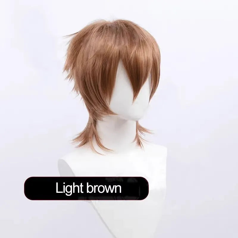 Short black and blue anime-style cosplay wig for men with a lengthened tail.