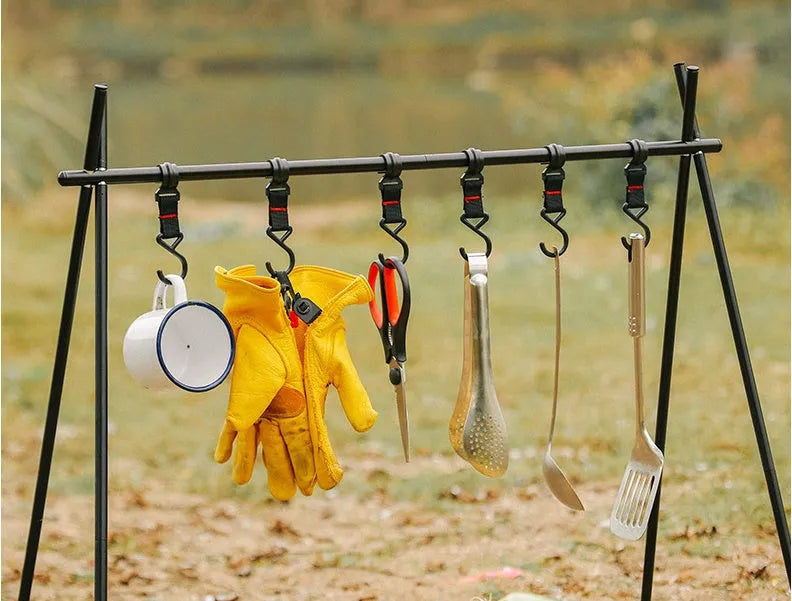 Aluminium alloy foldable triangle camping drying rack with side hanger and multiple hooks