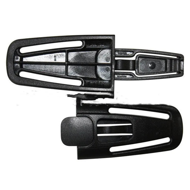Black nylon seat belt buckle clip for child car seat harness measuring 14.5cm by 4cm