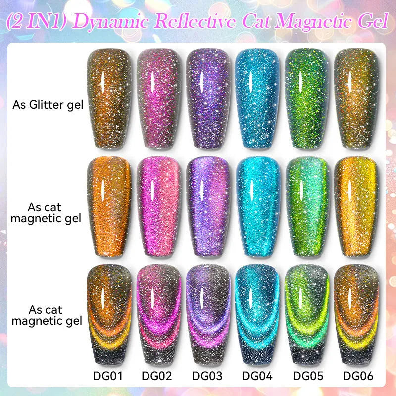 Cat eye effect nail polish gel with glitter and diamond fragments in six colour options