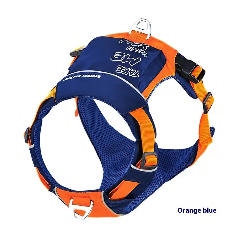 Orange blue nylon dog vest harness with hand rope attachment on single chest back design