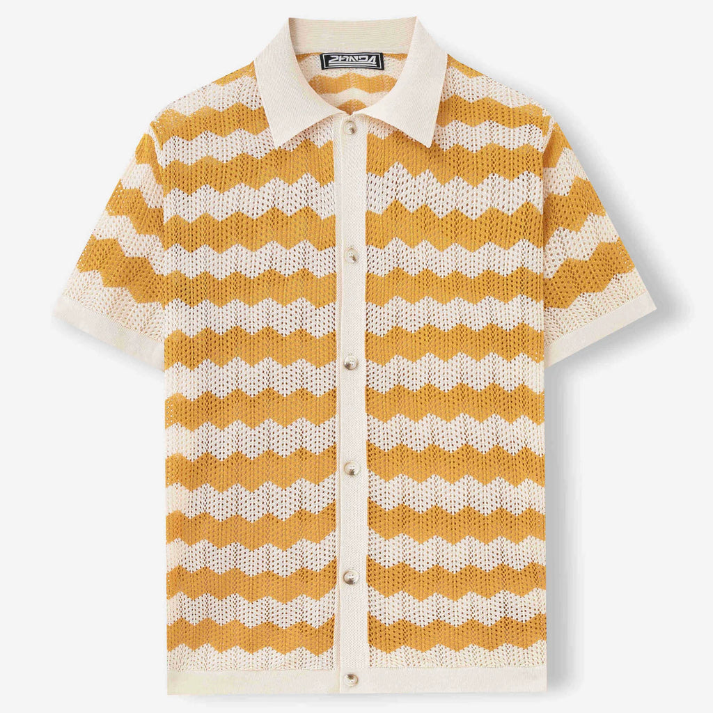Short sleeve Tencel viscose sweater with jacquard corrugated flocking pattern in blue.