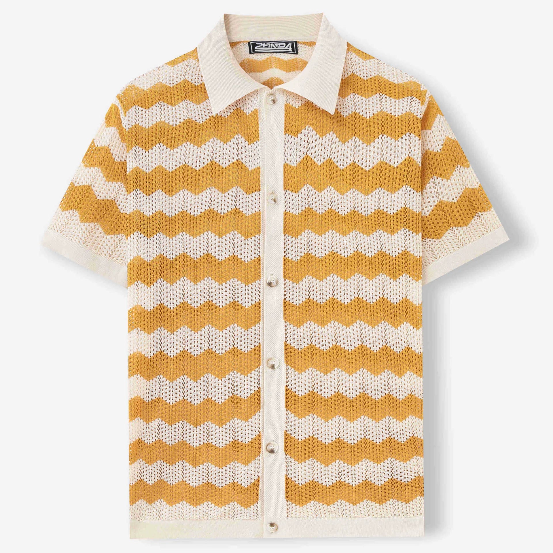 Short sleeve Tencel viscose sweater with jacquard corrugated flocking pattern in blue.