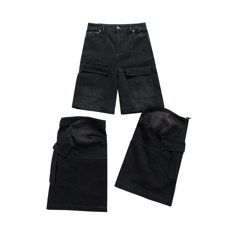 Detachable washed-out multi-pocket cotton overalls in blue, showing zip placket and pockets.