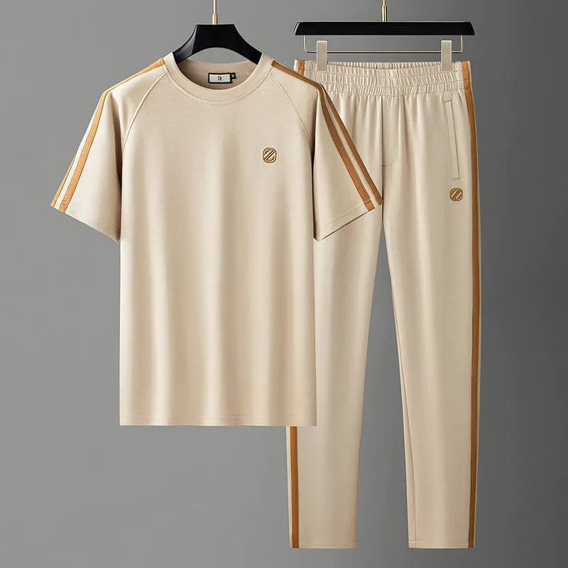 Men's blue short sleeve sports suit with matching trousers, ice silk fabric with sweat-absorbing properties