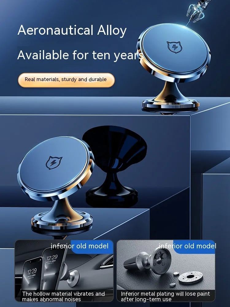 Shiny black magnetic car phone holder with adhesive base mounted on a car dashboard.