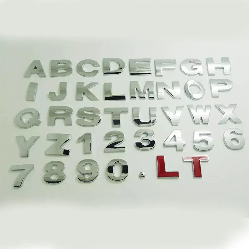 Zinc alloy metal car letter sticker in black or silver, 2.5cm size, for vehicle personalisation.
